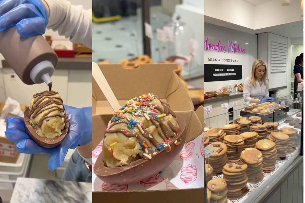 3 Bilder: eines zeigt, wie Soße auf ein Osterei geträufelt wird, ein fertiges Ei mit Streuseln oben drauf und ein Bild des Keksriegels selbst mit vielen Keksen