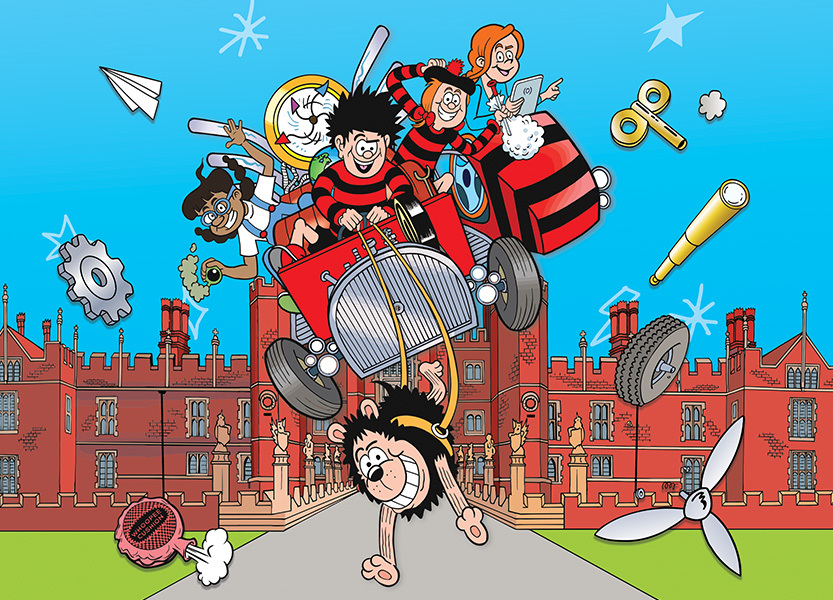 une illustration de Dennis la Menace et de ses amis voyageant dans une machine à remonter le temps – tirée par son chien Gnasher – alors qu’ils s’écrasent au palais de Hampton Court