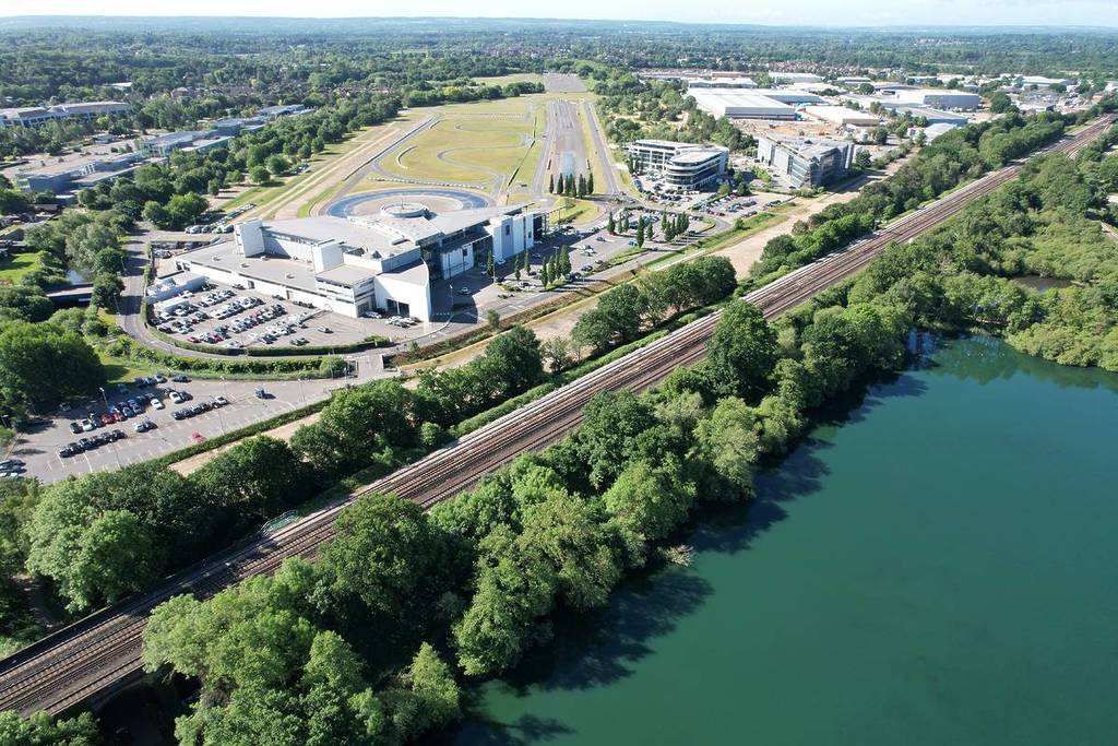 An aerial view of Brooklands race track and museum in Weybridge