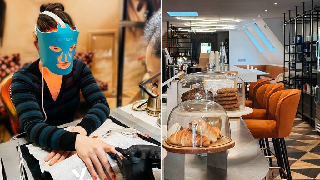 Jemand bei der Maniküre, während er eine LED-Gesichtsmaske trägt (links), die Theke eines Cafés (rechts)