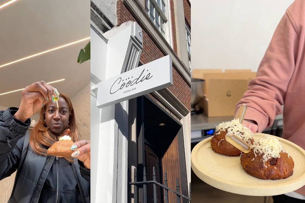 3 Bilder: Das erste zeigt eine Frau, die Öl aus einer Pipette auf einen Keks tropft, das zweite ist das Coodie-Schild vor dem Laden und das dritte zeigt zwei auf einem Teller liegende Kekse mit Ölpipetten darin