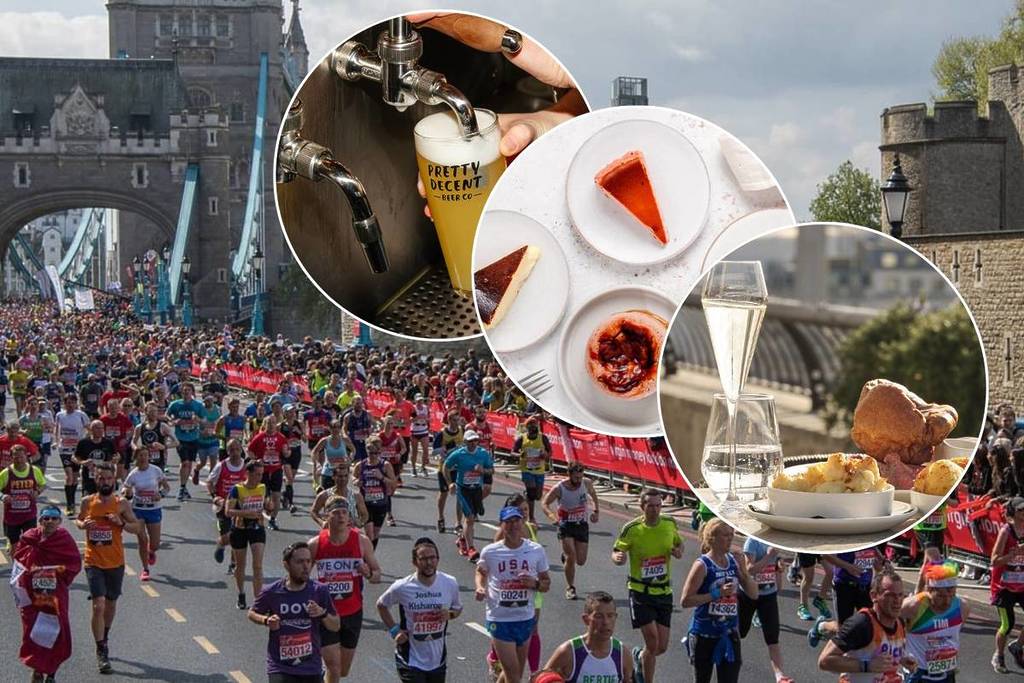 Ein Foto von Menschen, die im Rahmen des London-Marathons über die Tower Bridge laufen und daran vorbeilaufen, überlagert mit Bildern möglicher Gratisgeschenke für den London-Marathon: Gratisbier, Gratis-Käsekuchen und ein Gratis-Sonntagsbraten
