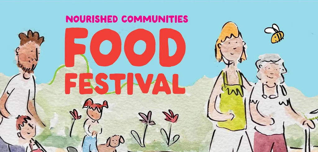 a watercolour style poster for the Nourished Communities food festival, showing people in a nature setting, emblazoned with "Nourished Communities food festival"