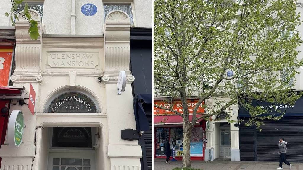 Das Äußere der Glenshaw Mansions mit der blauen Plakette von Charlie Chaplin über dem Eingang