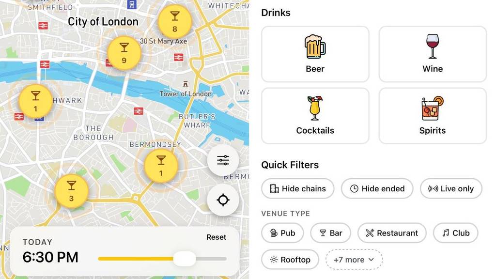 une image côte à côte de captures d'écran de l'application HappyPlaces : une carte de Londres (à gauche) et une liste de boissons et d'établissements (à droite)