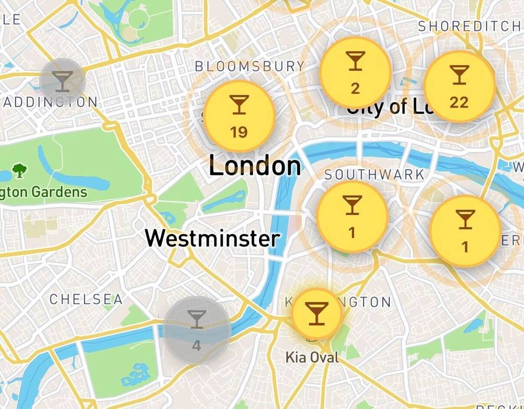 Eine Karte von London mit gelben Symbolen, die zeigen, wo Happy Hours stattfinden