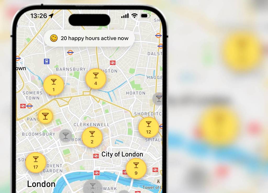 A map of London, featuring yellow icons showing where happy hours are taking place