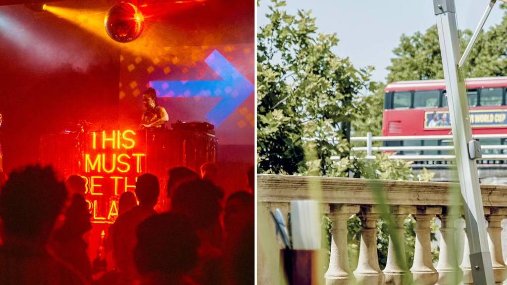 Das linke Foto zeigt einen DJ, der vor einer Menschenmenge auftritt, und das rechte Foto zeigt einen Londoner Bus, der an einem sonnigen Tag durch eine grüne Gegend fährt