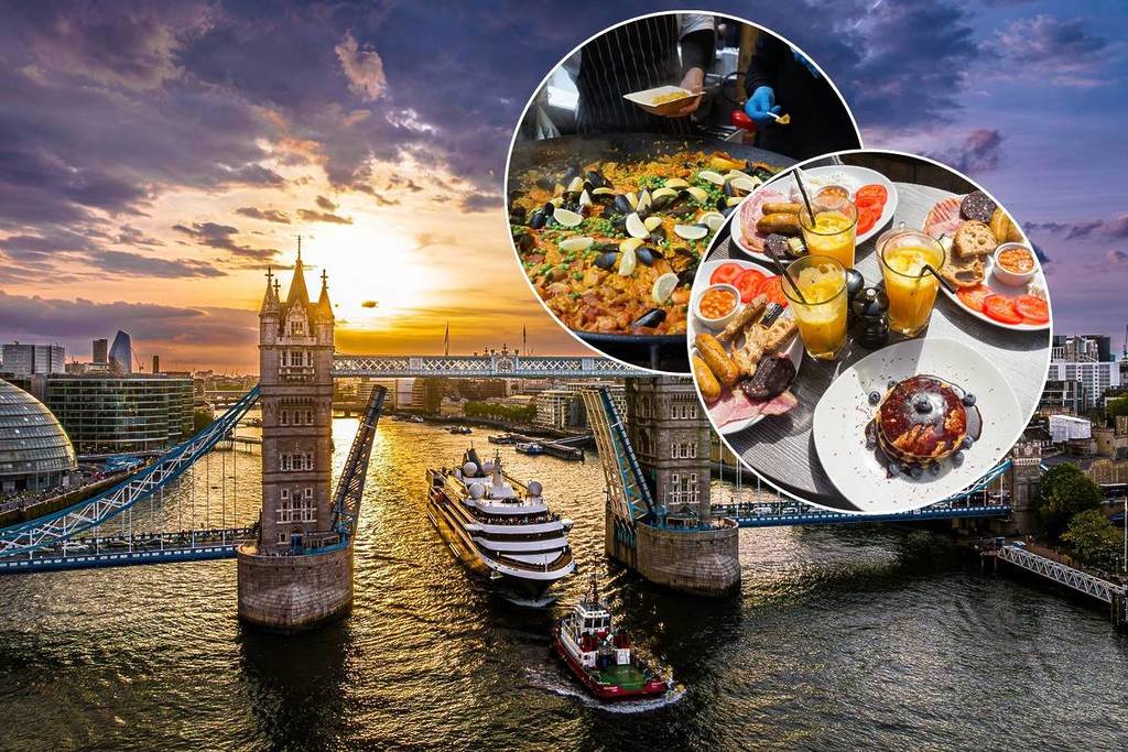 Ein Blick auf die Tower Bridge in London bei Sonnenuntergang, wobei die Brücke angehoben ist, um Schiffen die Durchfahrt zu ermöglichen, überlagert mit Bildern von Paella und einem Frühstücksangebot in kreisförmigen Blöcken