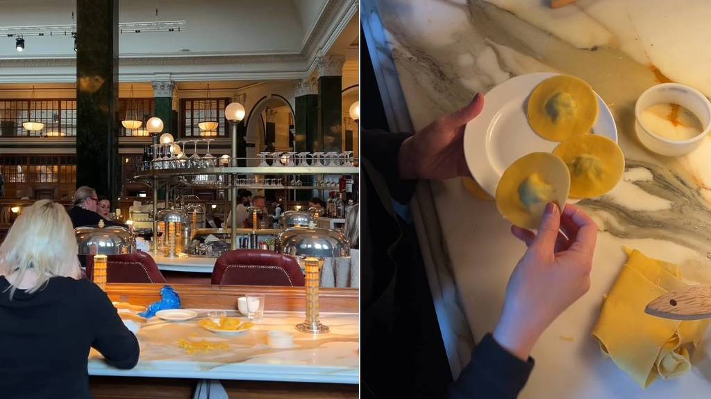 ein Bild, das jemanden zeigt, der während eines Pasta-Workshops an der Theke sitzt (links), und eine Nahaufnahme der Pasta-Zubereitung (rechts)