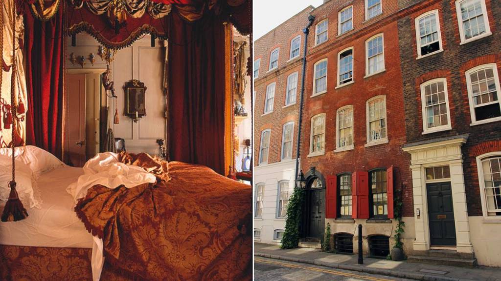 un'immagine divisa: un letto sfatto (a sinistra), la facciata di una casa georgiana a Spitalfields (a destra)