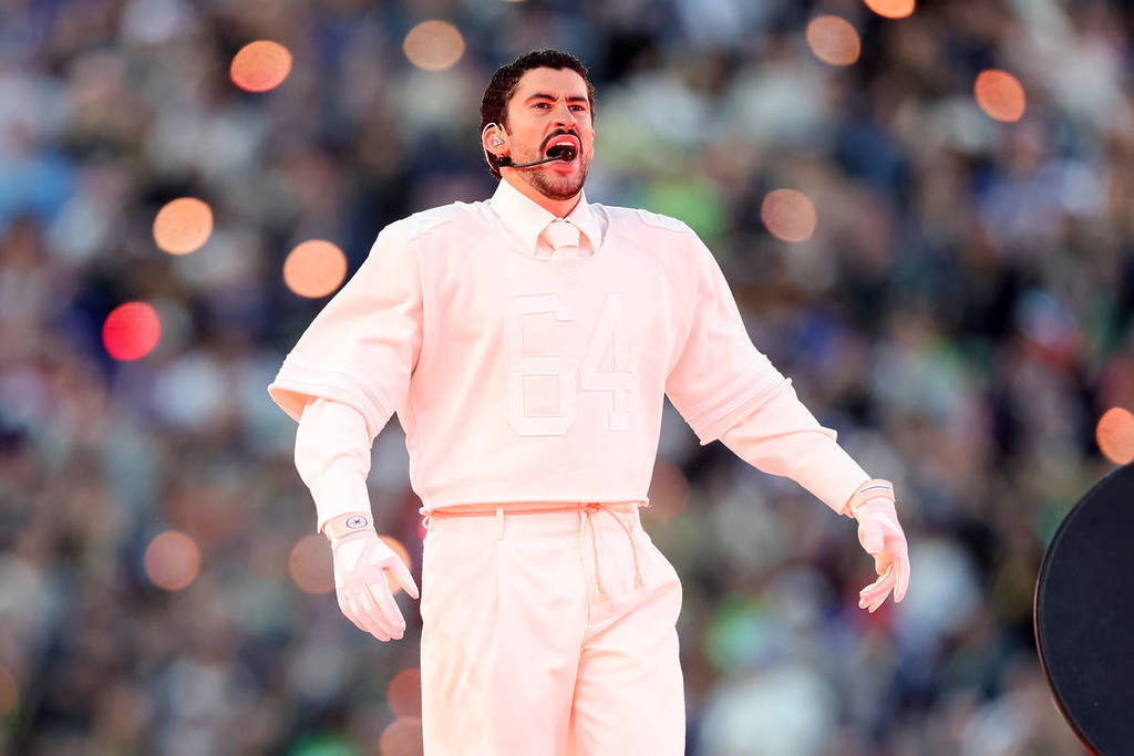 Bad Bunny performing live at the Super Bowl Half-Time show in 2026