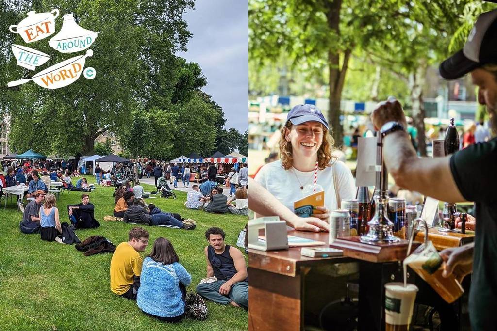 Ein Bild mit geteiltem Bildschirm zeigt Menschen, die beim Food-Festival „Eat Around the World“ in Camberwell im Gras faulenzen, und jemanden, der in einer Bar im Freien darauf wartet, dass ihm ein Getränk serviert wird