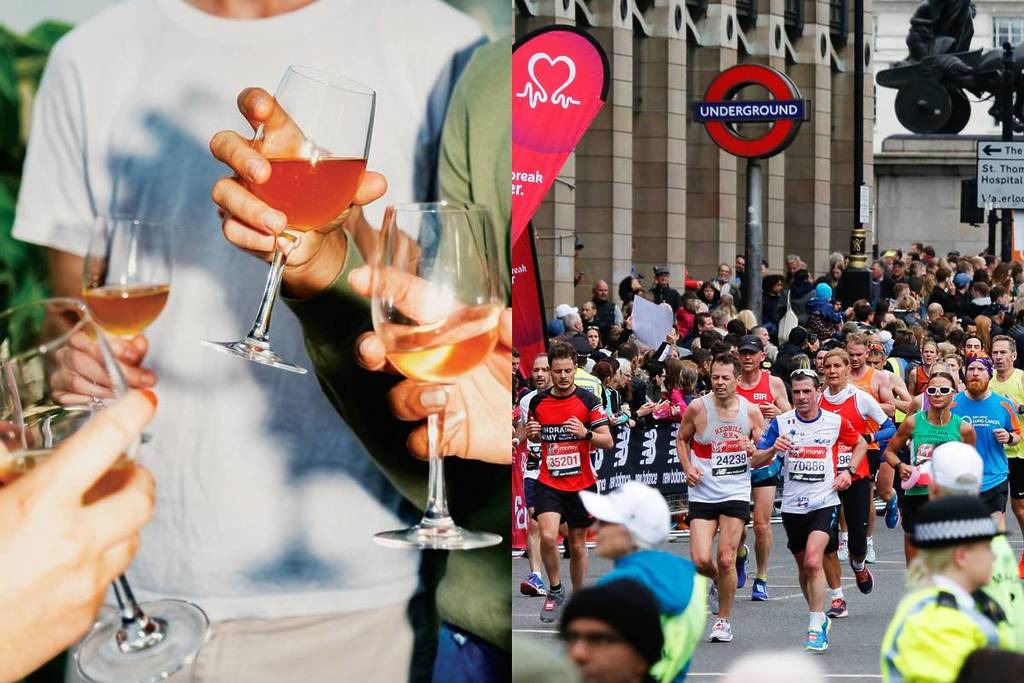 Ein geteiltes Bild, das links Menschen mit Weingläsern und rechts Menschen zeigt, die einen Marathon laufen