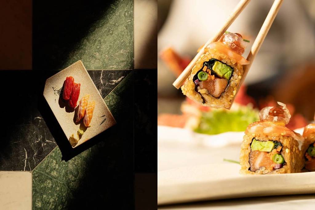 una imagen en pantalla dividida que muestra una selección de sushi en un plato y un trozo de sushi que se coge con palillos