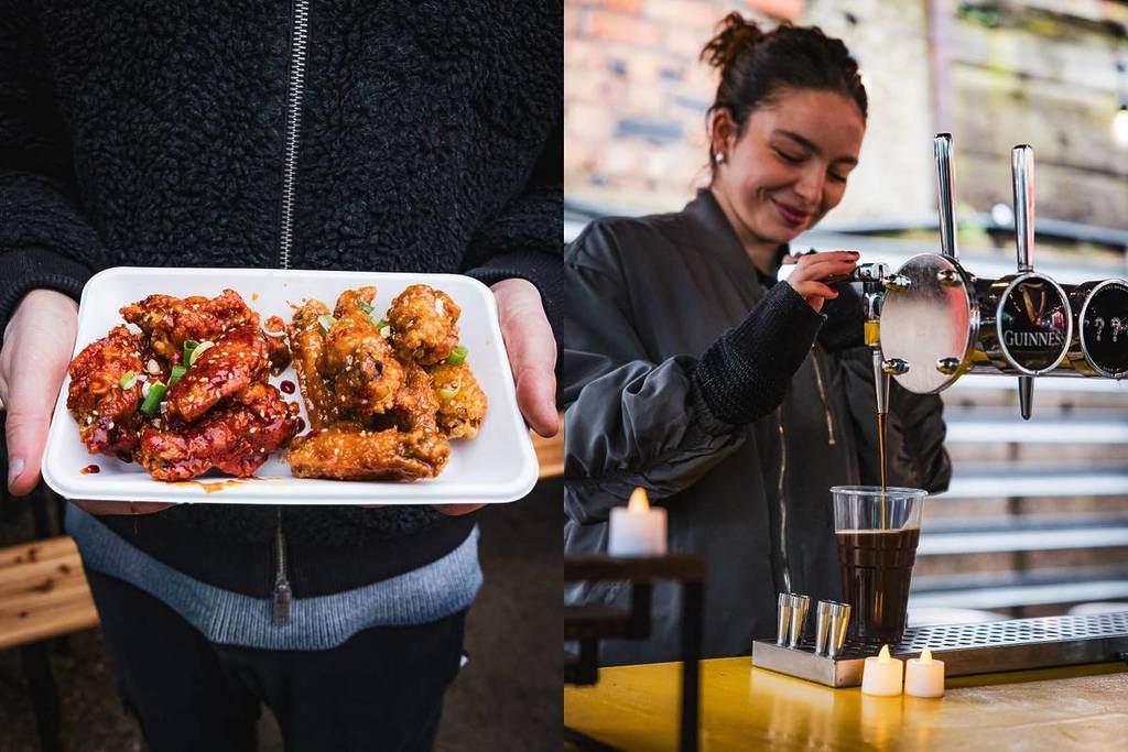 Ein geteiltes Bild, das ein Tablett mit Chicken Wings und jemanden zeigt, der sich ein Bier aus dem Zapfhahn einschenkt