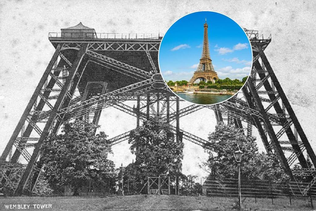 Ein altes Bild des teilweise errichteten Watkins Tower, mit einem eingefügten Bild des Eiffelturms an einem sonnigen Tag