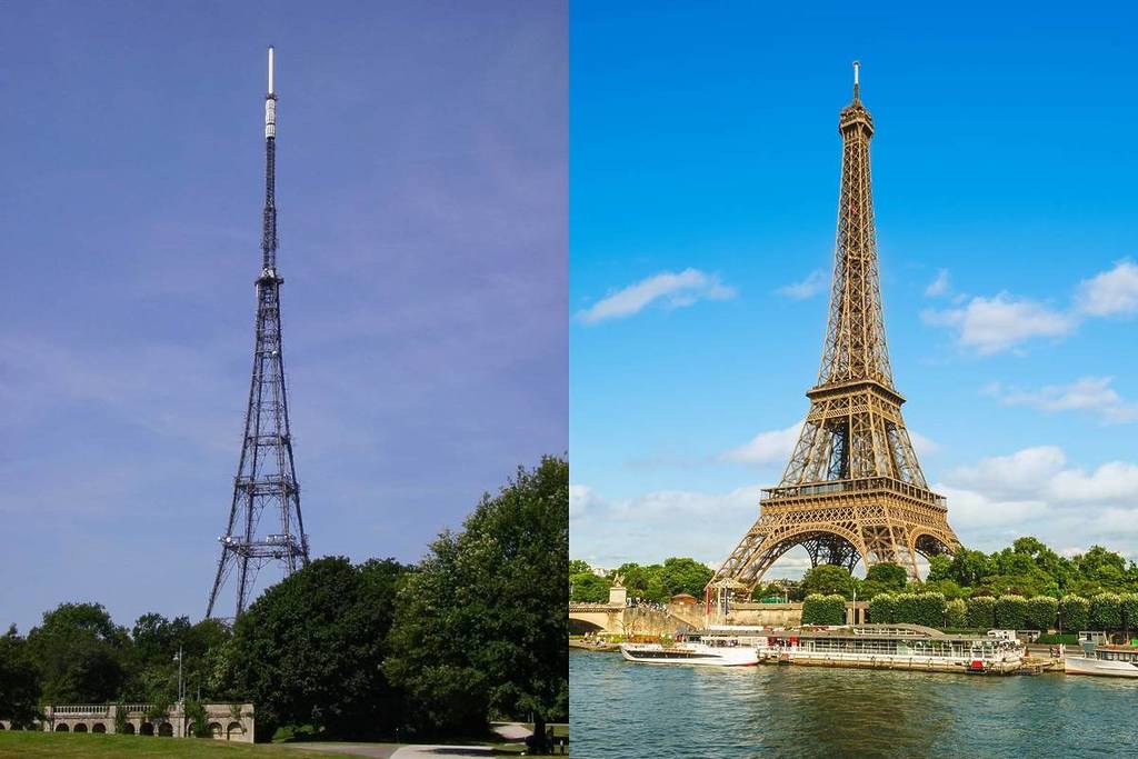 Ein geteiltes Bild, das einen großen Fernsehsender, den hoch in den Himmel ragenden Crystal Palace-Sender und den Eiffelturm zeigt
