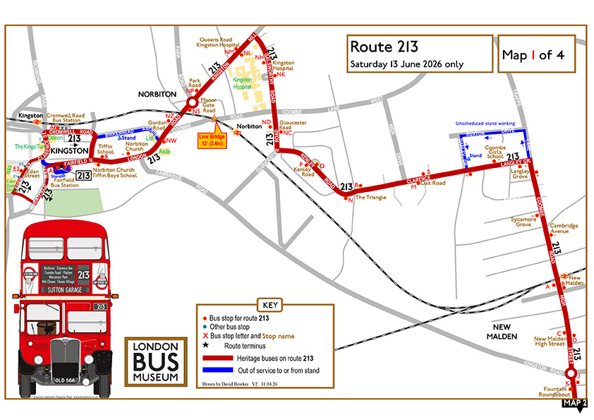 Une carte de l'itinéraire de la ligne de bus historique n° 213