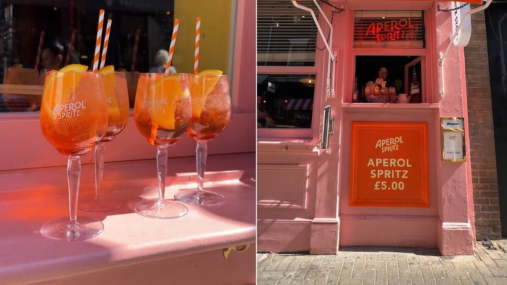 Ein Bild nebeneinander mit vier Aperol-Spritzern, die auf der Fensterbank serviert werden (links), und einem Loch in der Wand, in dem Aperol-Spritzer serviert werden (rechts).