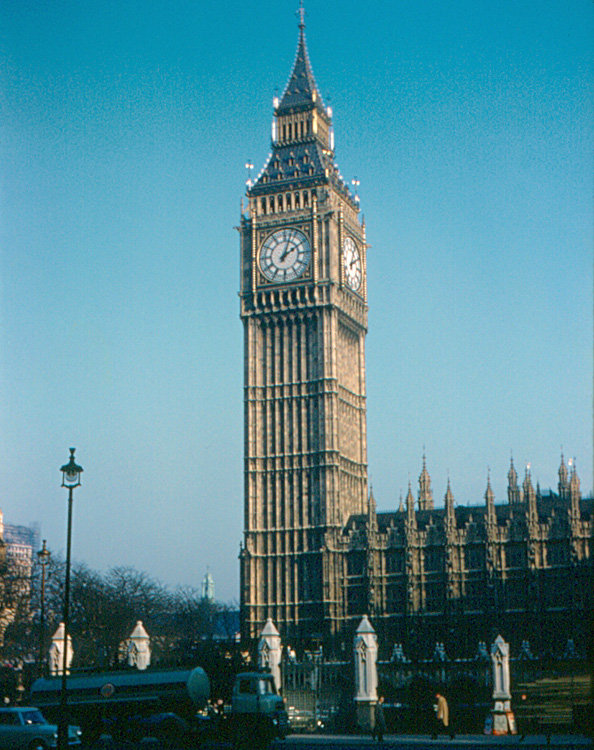 an old photo of big ben/the elizabeth tower from 1961