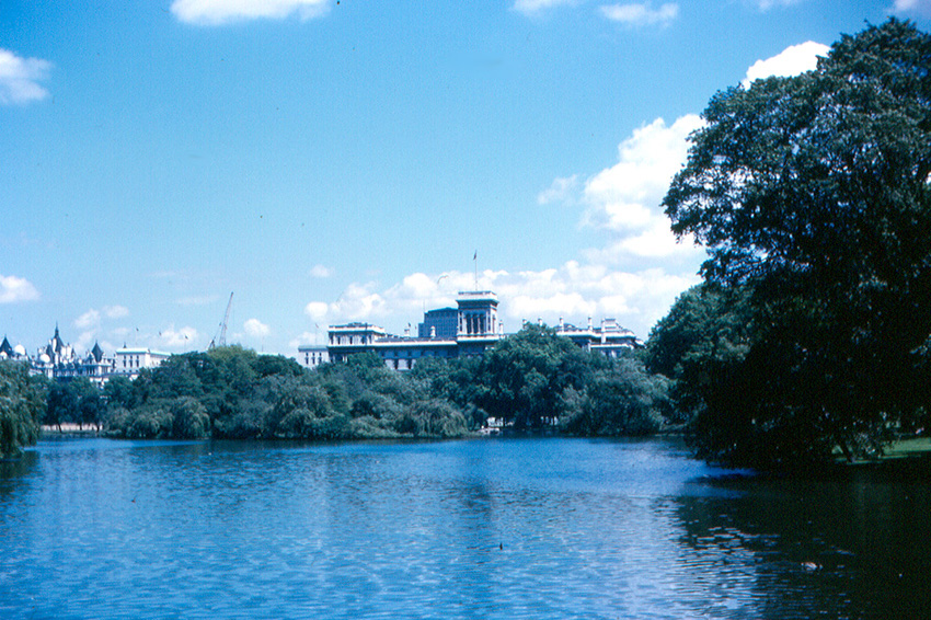 an old photo of st james's park, with The Foreign Office visible in the background