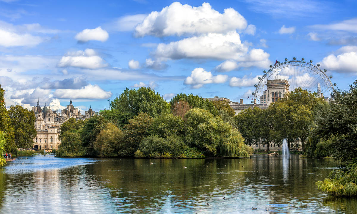 View from St. James Park towards the London Skyline on a sunny day