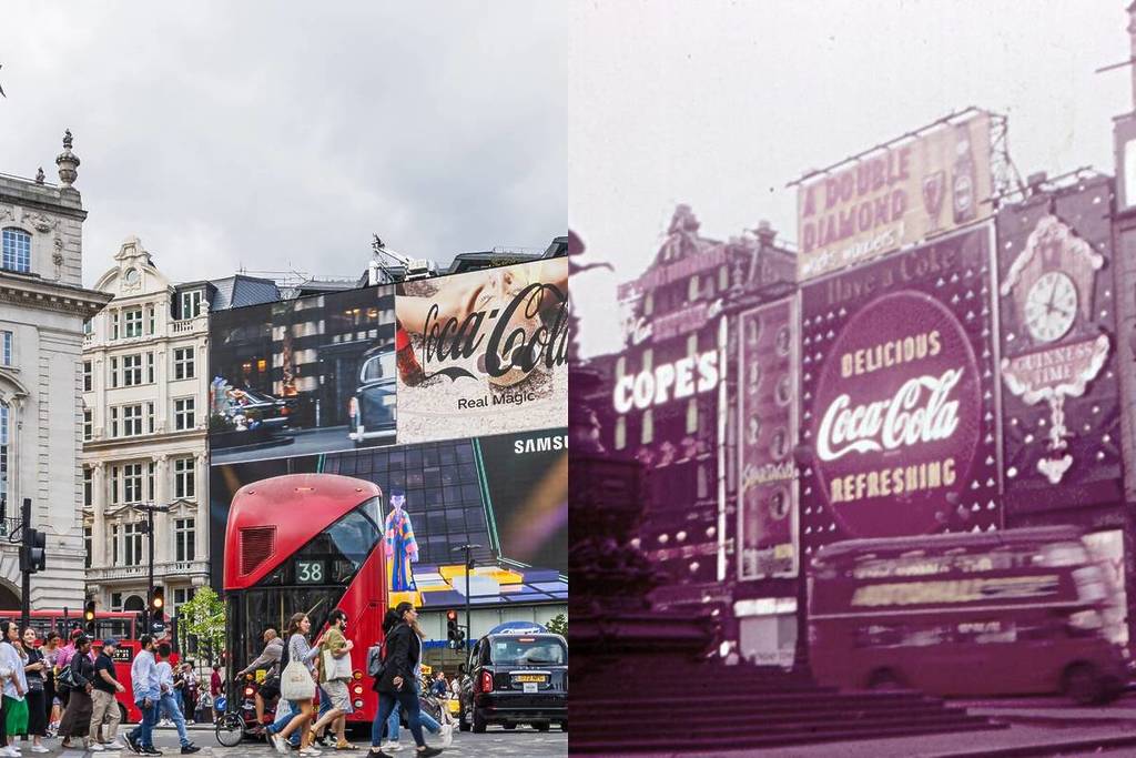 Ein Splitscreen-Bild, das ein modernes Foto der Werbung am Piccadilly Circus neben einem altmodischen Foto derselben Gegend zeigt