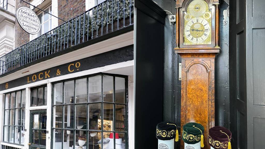 La facciata del negozio più antico di Londra - Lock & Co. Hatters (a sinistra), un orologio e tre cappelli all'interno del negozio di cappelli più antico di Londra (a destra)