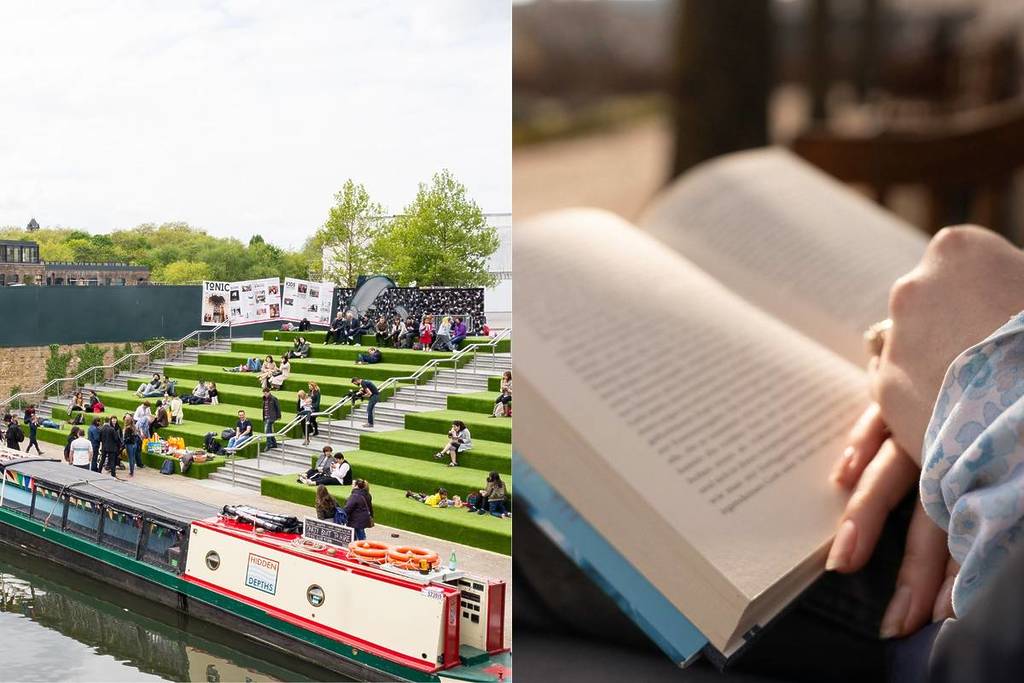 2 Bilder: links grüne, grüne Treppenstufen mit darauf sitzenden Menschen mit Blick auf einen Kanal mit einem Boot darauf und rechts ein aufgeschlagenes Buch