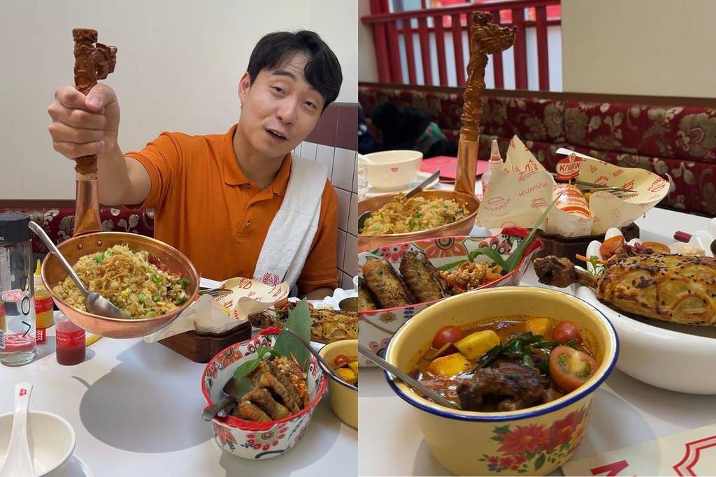 2 Bilder. Links hält Onkel Roger in einem orangefarbenen T-Shirt eine Schüssel Reis in der Hand, während er an einem Tisch voller Essen sitzt, rechts ein voller Tisch mit asiatischen Gerichten
