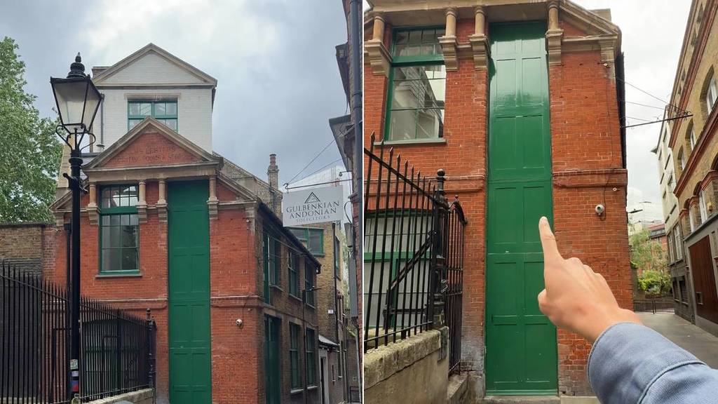 A side by side image of the tallest door in London - a tall, narrow green door down a side street