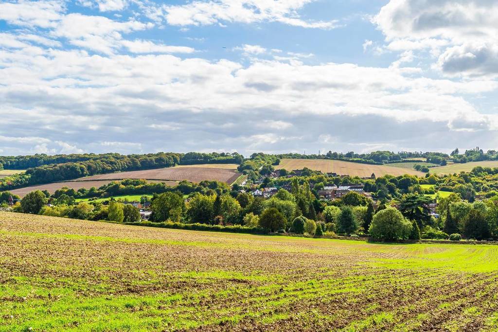 Blick auf die Landschaft mit landwirtschaftlichen Feldern in der Nähe von Amersham, Großbritannien