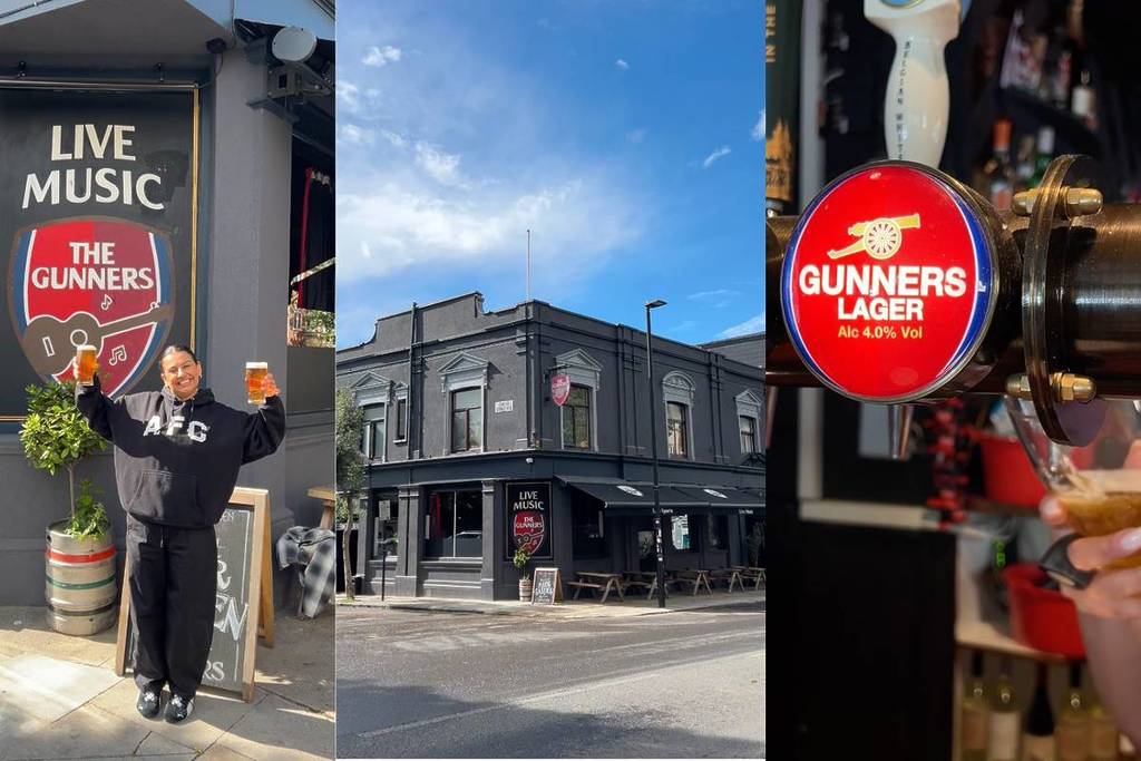 3 Bilder: Links eine Frau mit zwei Pints ​​Bier vor einem Schild mit der Aufschrift 