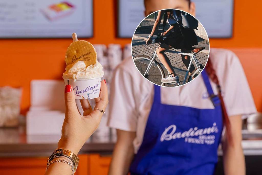 Ein Bild, das eine Tasse Eis zeigt, die in einer Eisdiele hochgehalten wird, mit einem kreisförmigen Bild einer Person, die Fahrrad fährt