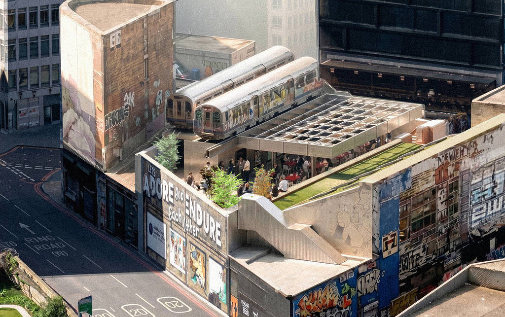Village Underground-Attrappe aus der Luft der Dachterrasse, die diesen Sommer auf ihrem Gelände eröffnet werden soll
