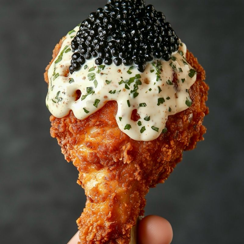 un pilon de poulet rôti nappé de sauce ranch et d'une cuillerée de caviar