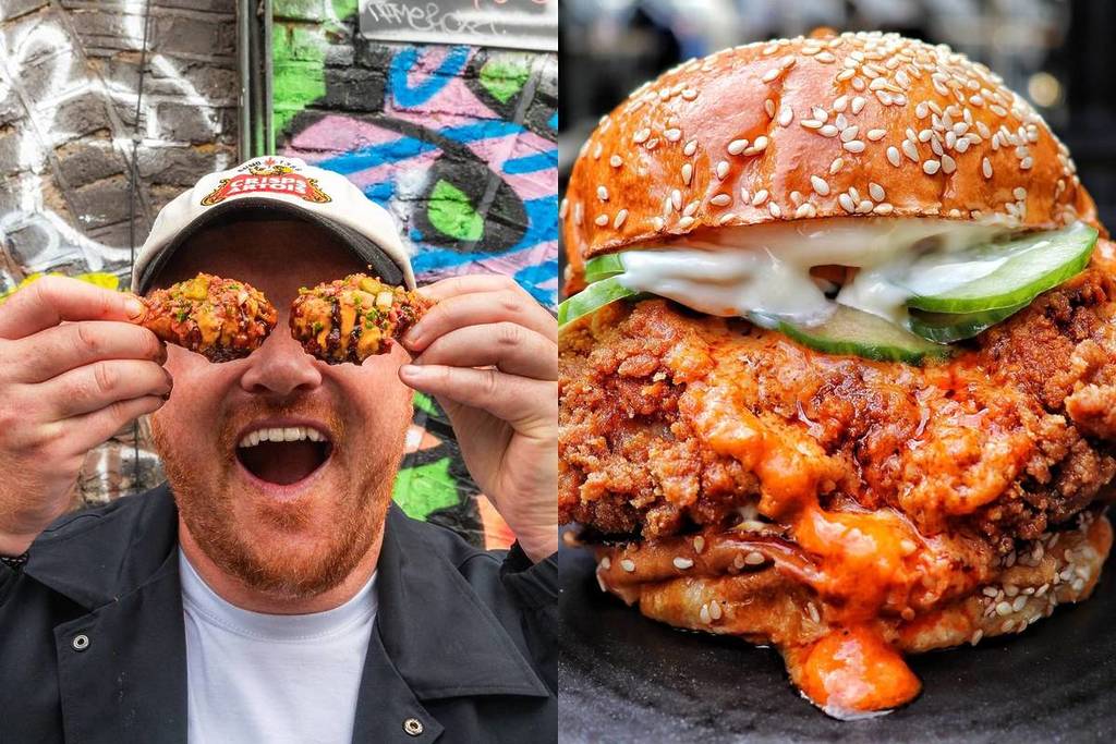 ein Splitscreen-Bild eines Mannes, der sich ein Brathähnchen über die Augen hält, und ein Brathähnchen-Burger, der vor Soße trieft