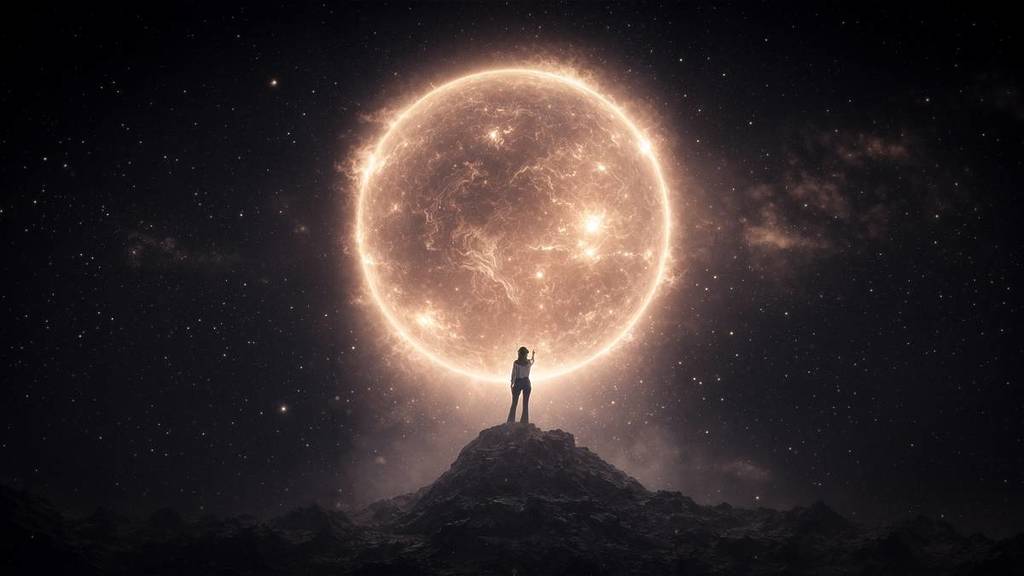 In der Ferne steht die kleine Silhouette einer Person auf dem Gipfel eines Berges und streckt ihre Hand in Richtung eines riesigen hellen Planeten aus, der den größten Teil des Bildes einnimmt. Die Umgebung ist dunkel und sternenklar
