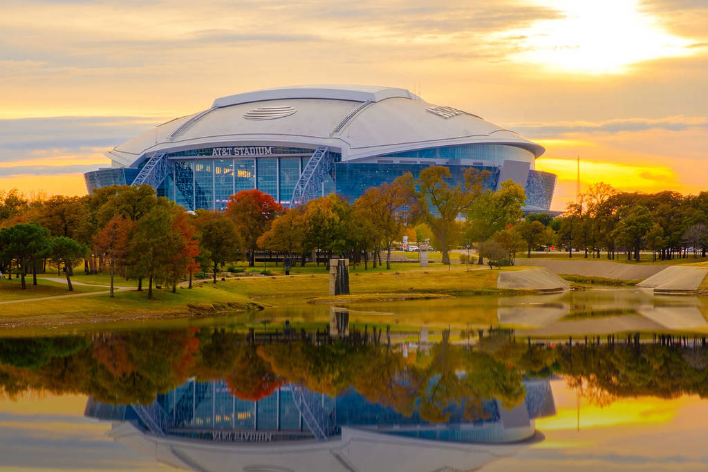 Arlington, Texas AT&T football Stadium as seen on a hazy sunny day