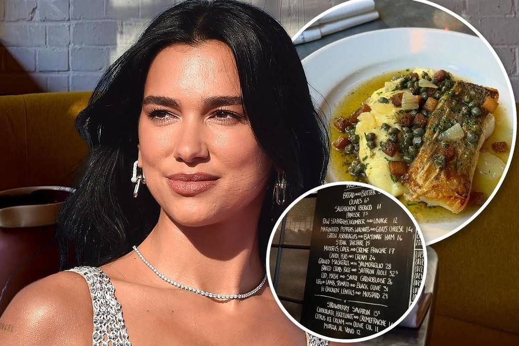 Ein Bild von Dua Lipa, einer Frau mit langen schwarzen Haaren, mit dem Bild eines Fischgerichts und einer Tafelkarte in einem kleinen Kreis