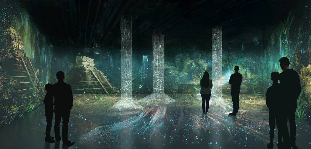 un’immagine generata dall’intelligenza artificiale che ritrae persone mentre esplorano una sala con proiezioni di rovine e colonne Maya