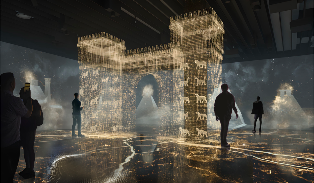 une image générée par IA montrant des personnes explorant une pièce avec des filets d’eau illuminés d’or sur le sol et une grande représentation de style hologramme d’une arche ornée d’animaux