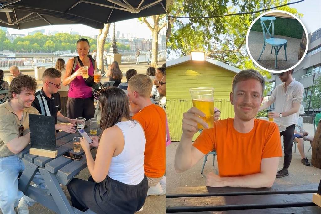 Links ein Bild einer Gruppe von Menschen, die auf einer Bank am Londoner Southbank sitzen und einen Drink genießen, rechts ein Mann in einem orangefarbenen T-Shirt mit einem Pint und einem kleinen Kreis mit dem Bild eines leeren Stuhls