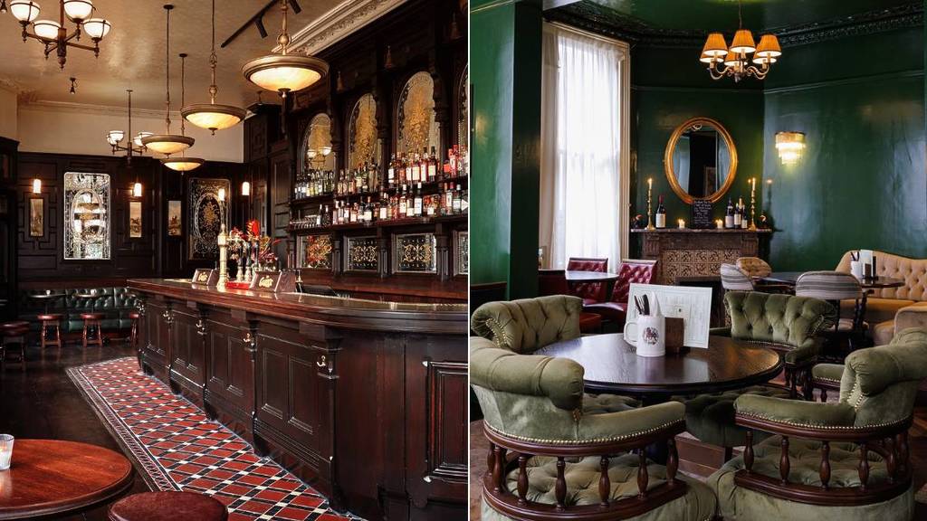 Ein nebeneinander liegendes Bild der Innenräume eines historischen Pubs in London