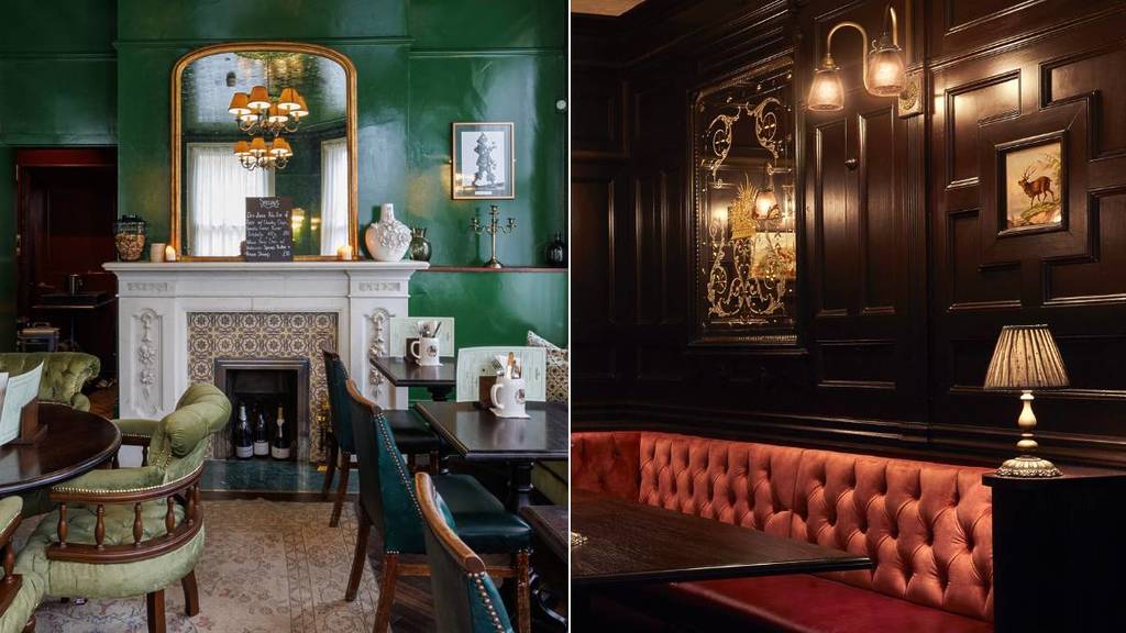 Een foto waarop je het interieur van een historische pub in Londen naast elkaar ziet