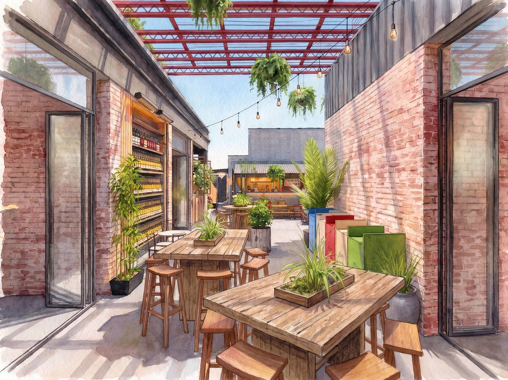 eine Visualisierung des „Model Market“ in Lewisham nach der Renovierung mit Sitzgelegenheiten und Marktständen