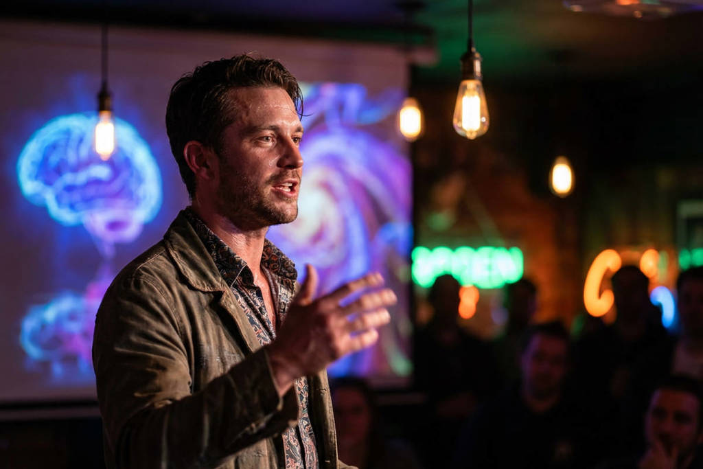 man als presentator die voor een scherm staat te praten over iets voor Grote vragen, coole drankjes, bar-gesprekken