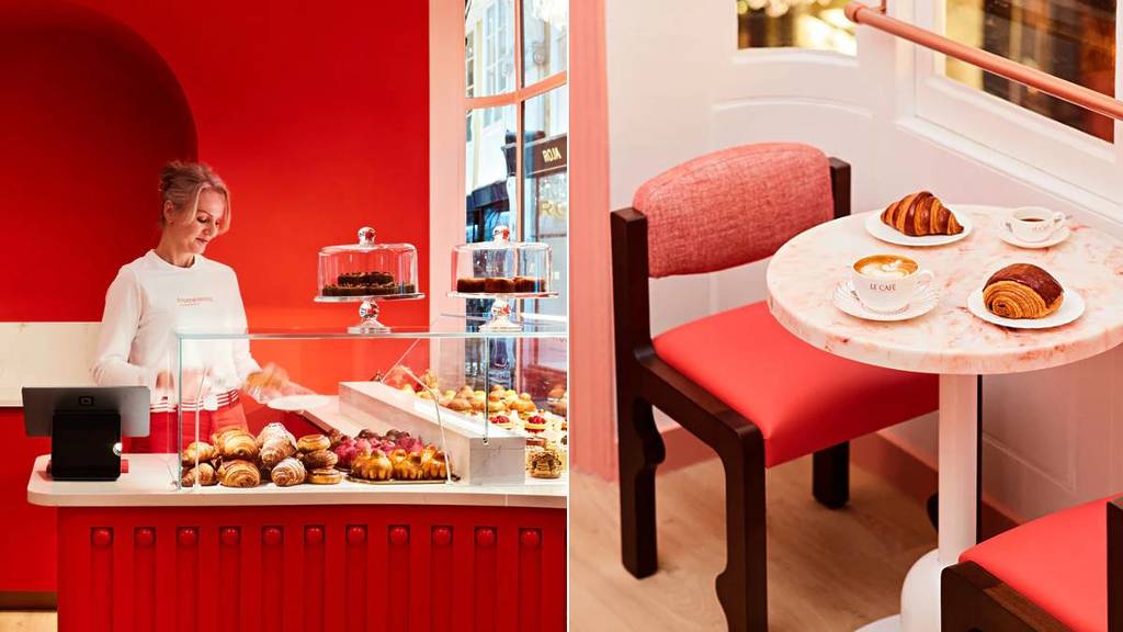 Ein geteiltes Bild: eine Bäckerei-Ausstellungstheke (links), ein Tisch mit verschiedenen Backwaren darauf (rechts)