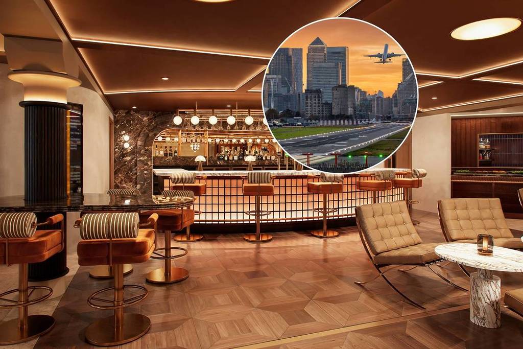 Ein Modellbild, wie die Bar in der Luxus-Lounge am London City Airport aussehen wird, und ein Overlay-Bild eines Plave, der über die Skyline von London fliegt